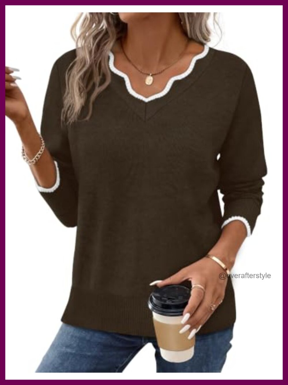 V Neck Pullover Sweater Cozy Lightweight Long Sleeve Fall Top